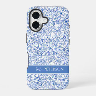 Personalised Elegant Blue Botanical Design iPhone 16 Case