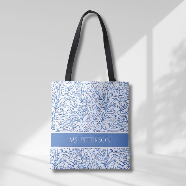 Personalised Elegant Blue Botanical Design Tote Bag (Creator Uploaded)