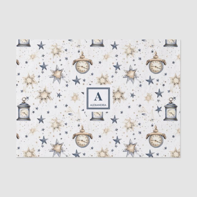 Personalised Elegant Blue & Gold Stars Pattern (4) Tissue Paper (Front)