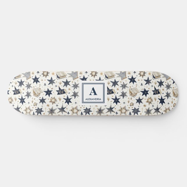Personalised Elegant Blue & Gold Stars Pattern (8) Skateboard (Horz)