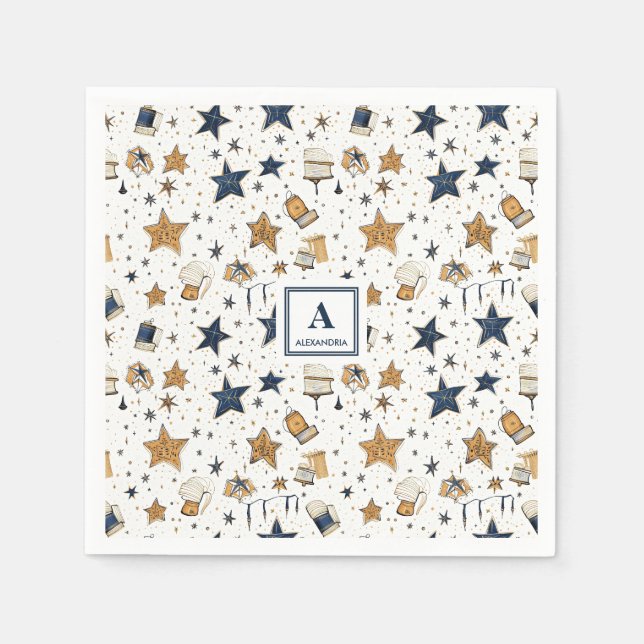 Personalised Elegant Blue & Gold Stars Pattern (9) Napkin (Front)