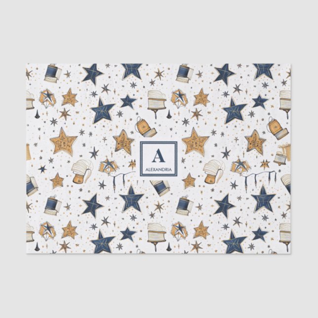 Personalised Elegant Blue & Gold Stars Pattern (9) Tissue Paper (Front)