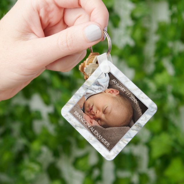 Personalised Elegant Blue Grey Marble Keepsake Key Ring (Hand)