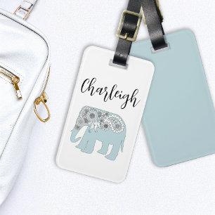 Personalised Elegant Blue Paisley Elephant Luggage Tag
