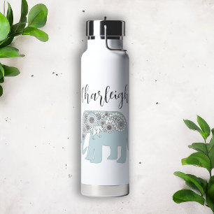 Personalised Elegant Blue Paisley Elephant Water Bottle