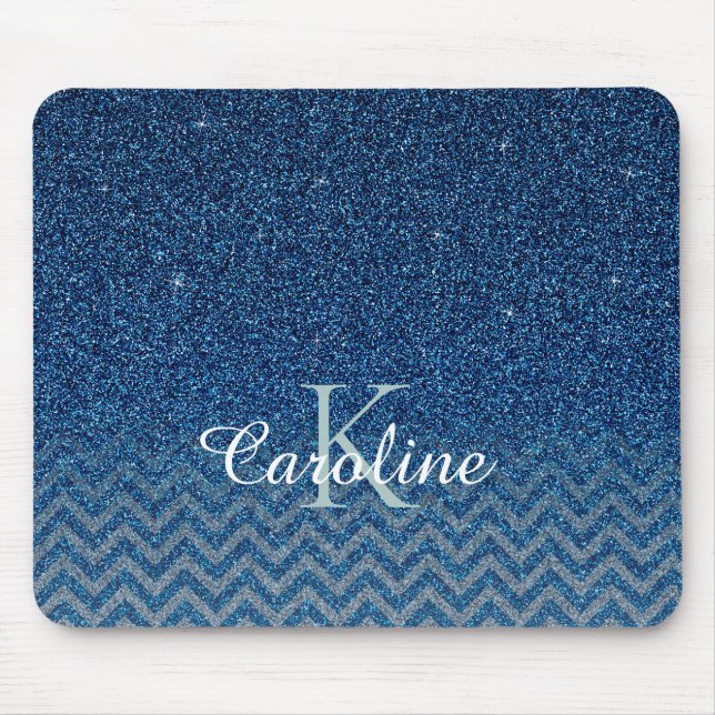 Personalised Elegant Blue Sparkle Glitter Monogram Mouse Pad (Front)