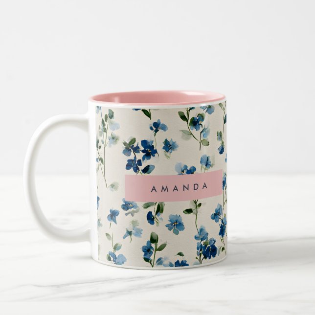 Personalised Elegant Blue Wildflower Design  Two-Tone Coffee Mug (Left)