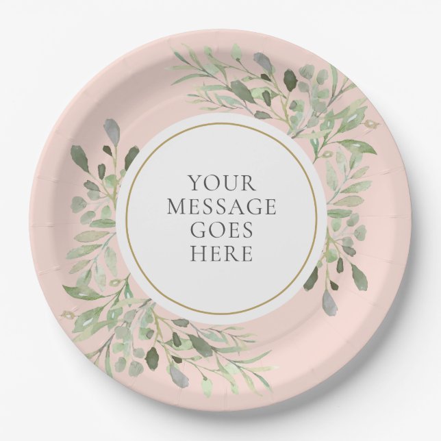 Personalised Elegant Blush Pink Gold Greenery Paper Plate (Front)