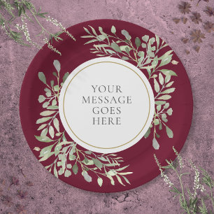 Personalised Elegant Burgundy Gold Greenery Paper Plate