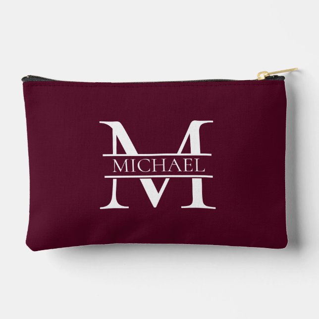 Personalised Elegant Burgundy Monogram and Name Accessory Pouch (Back)