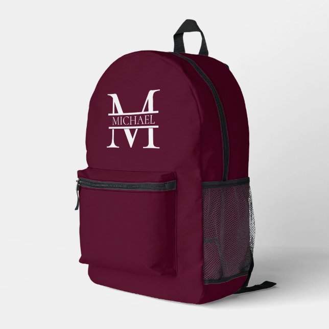 Personalised Elegant Burgundy Monogram and Name Printed Backpack (Back Corner Right)
