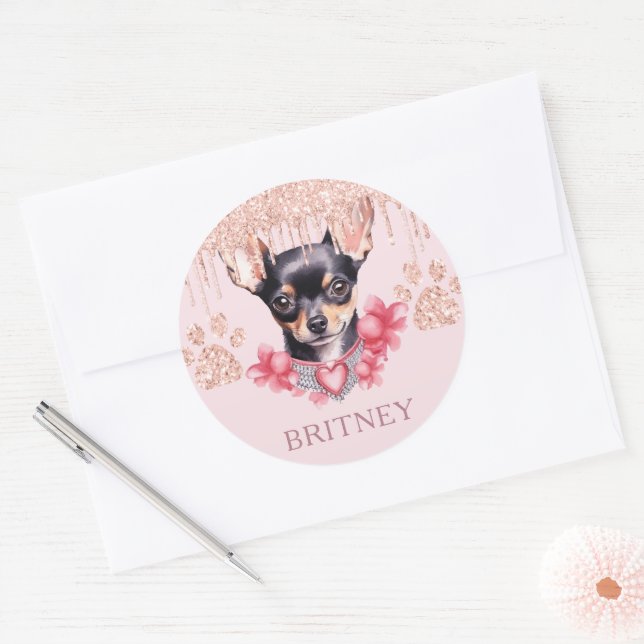 Personalised Elegant chihuahua Dog with Glitter  Classic Round Sticker (Envelope)