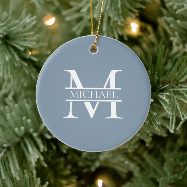 Personalised Elegant Dusty Blue Monogram and Name Ceramic Tree Decoration (Tree)