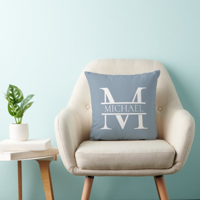 Personalised Elegant Dusty Blue Monogram and Name Cushion (Chair)