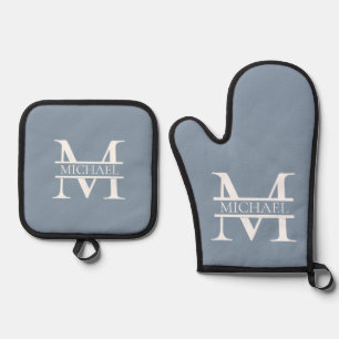 Personalised Elegant Dusty Blue Monogram and Name Oven Mitt & Pot Holder Set