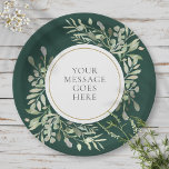Personalised Elegant Emerald Gold Greenery Paper Plate<br><div class="desc">Featuring delicate soft watercolor leaves on n emerald green background,  this chic botanical paper plate can be personalised with your special message set in elegant text. Perfect for weddings,  bridal showers,  baby showers,  baptism,  engagement parties,  anniversary celebrations,  and birthday get-togethers. Designed by Thisisnotme©</div>