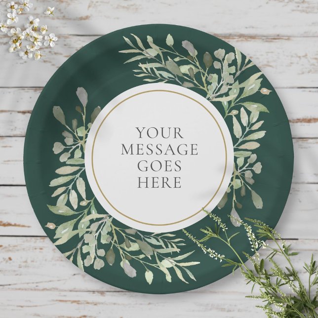 Personalised Elegant Emerald Gold Greenery Paper Plate (Personalized Elegant Emerald Gold Greenery Paper Plates)