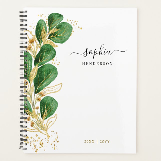 Personalised Elegant Emerald Green Gold Eucalyptus Planner (Front)