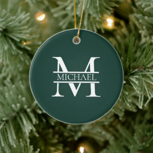 Personalised Elegant Emerald Green Monogram & Name Ceramic Tree Decoration