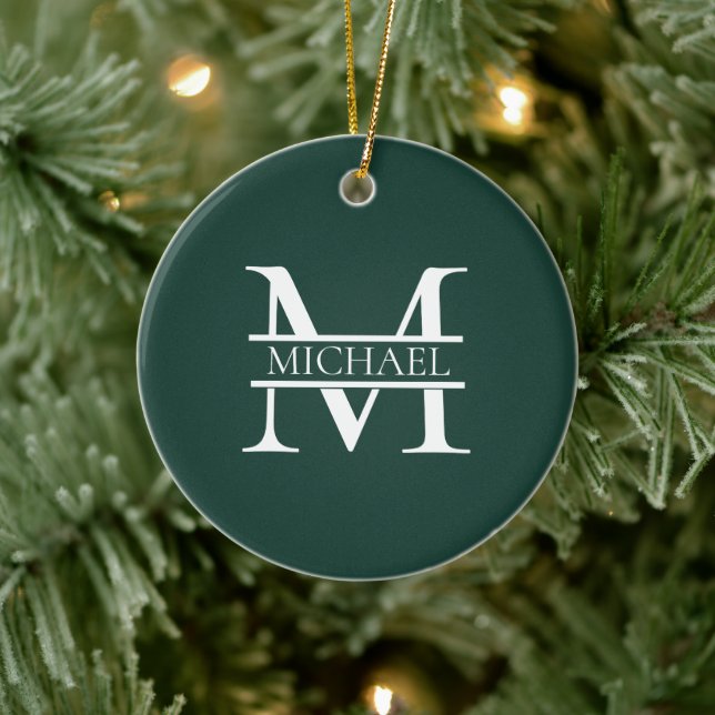 Personalised Elegant Emerald Green Monogram & Name Ceramic Tree Decoration (Tree)
