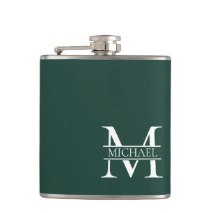 Personalised Elegant Emerald Green Monogram & Name Hip Flask