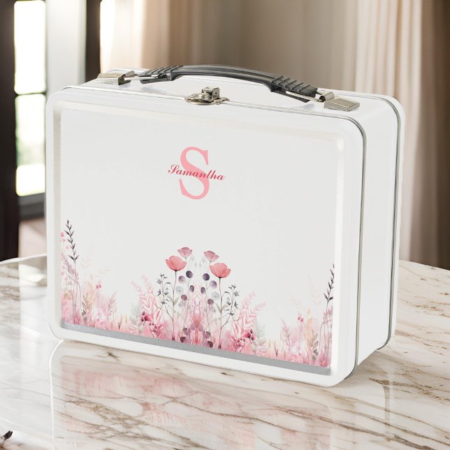 Personalised Elegant Floral Minimalist Cute Girly Metal Lunch Box (Creator Uploaded)