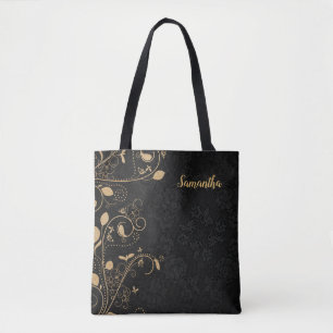 Personalised Elegant Gold Black Floral Tote Bag