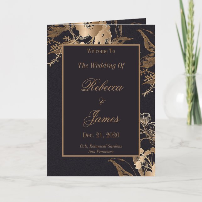 Personalised Elegant Gold Metallic Floral Wedding Programme (Front)