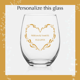 Personalised Elegant Golden Heart Keepsake Wedding Stemless Wine Glass