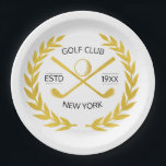 Personalised Elegant Golf Club Gold Wreath    Paper Plate<br><div class="desc">Custom gold club driver head cover in elegant, modern, minimalist, chic design. Personalised golf driver head cover with laurel wreath, two crossed golf clubs, and golf ball. Personalised golf driver head cover with your logo, name, text, year, etc. Elegant gold golf driver head cover personalised gift for golf club, golfer,...</div>