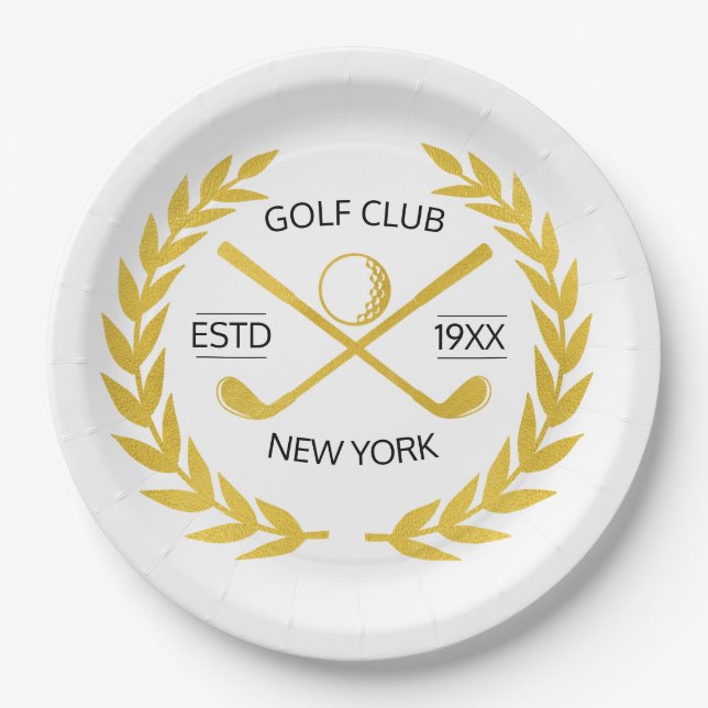 Personalised Elegant Golf Club Gold Wreath    Paper Plate (Front)