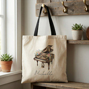 Personalised Elegant Grand Piano with Flowers Tote Bag
