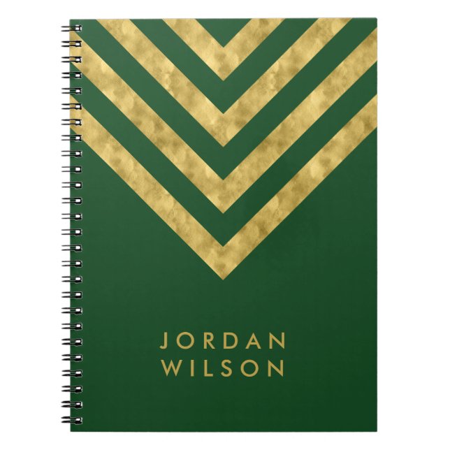 Personalised Elegant Green Faux Gold Chevron Spiral Notebook (Front)