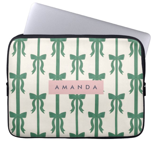 Personalised Elegant Green Ribbon Bow Pattern Laptop Sleeve (Front)