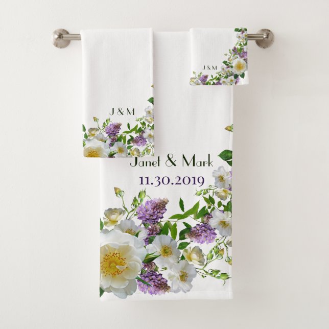 Personalised Elegant Greenery Floral Purple Bath Towel Set (Insitu)