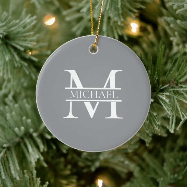 Personalised Elegant Grey Monogram and Name Ceramic Tree Decoration (Tree)