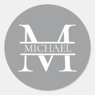Personalised Elegant Grey Monogram and Name Classic Round Sticker