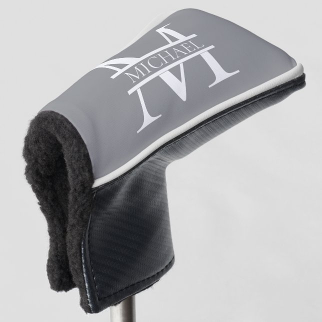 Personalised Elegant Grey Monogram and Name Golf Head Cover (3/4 Front)