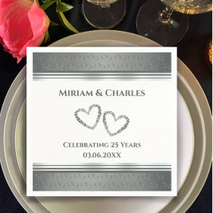 Personalised Elegant Heart Silver 25th Anniversary Napkin