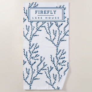 Personalised, Elegant Indigo Blue Coral Pattern Beach Towel