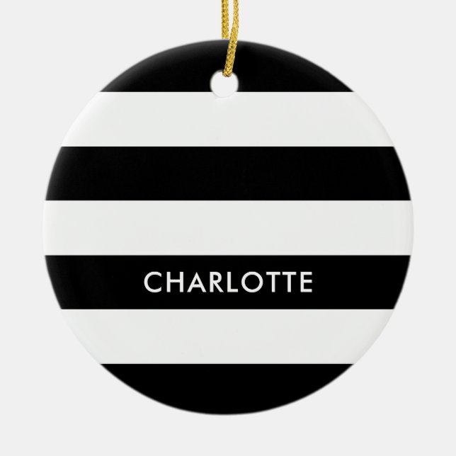 Personalised Elegant Luxury Black and white stripe Ceramic Tree Decoration (Front)