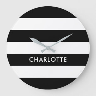 Personalised Elegant Luxury Black and white stripe Large Clock