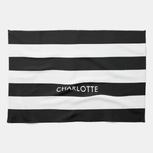 Personalised Elegant Luxury Black and white stripe Tea Towel