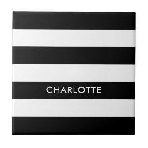 Personalised Elegant Luxury Black and white stripe Tile