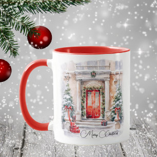 Personalised Elegant Merry Christmas Red Doors Mug