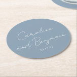 Personalised Elegant Minimalist Wedding Dusty Blue Round Paper Coaster<br><div class="desc">Personalised Elegant Minimalist Wedding Dusty Blue Round Paper Coaster</div>