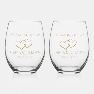 Personalised Elegant Modern 25th Anniversary Gift Stemless Wine Glass