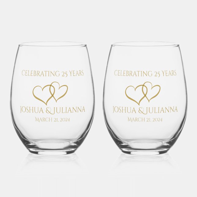 Personalised Elegant Modern 25th Anniversary Gift Stemless Wine Glass (Front)