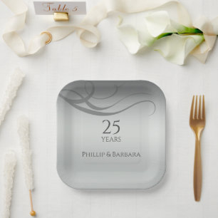 Personalised elegant modern 25th anniversary party paper plate