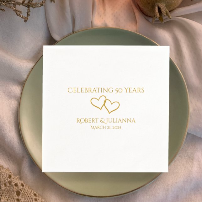 Personalised Elegant Modern 50th Anniversary Party Napkin (Personalize these unique intertwined golden heart napkins with couple's name and date. )